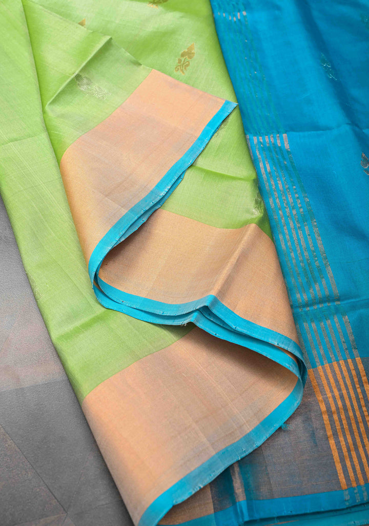 Avocado Green Uppada Handloom Silk Saree with Sona Rupa Buttas and Zari Border | SILK MARK CERTIFIED