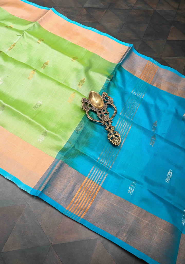 Avocado Green Uppada Handloom Silk Saree with Sona Rupa Buttas and Zari Border | SILK MARK CERTIFIED