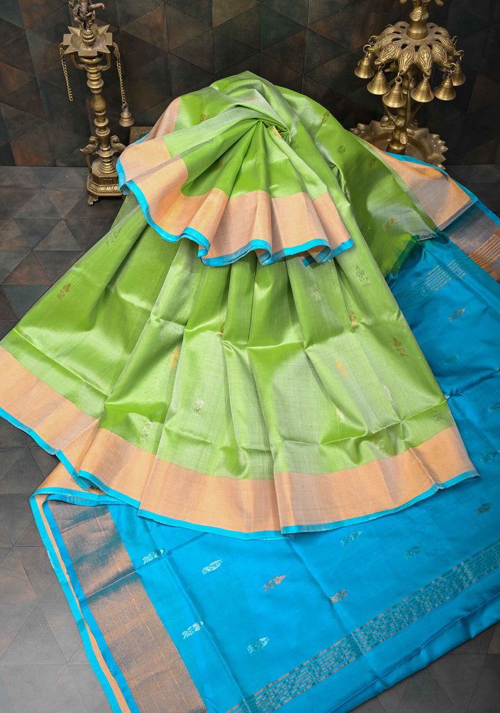 Avocado Green Uppada Handloom Silk Saree with Sona Rupa Buttas and Zari Border | SILK MARK CERTIFIED