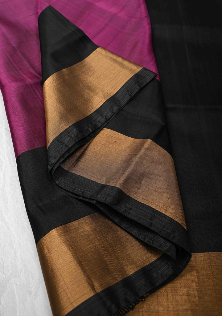 Magenta Uppada Handloom Silk Saree with Black Panel and Zari Border | SILK MARK CERTIFIED