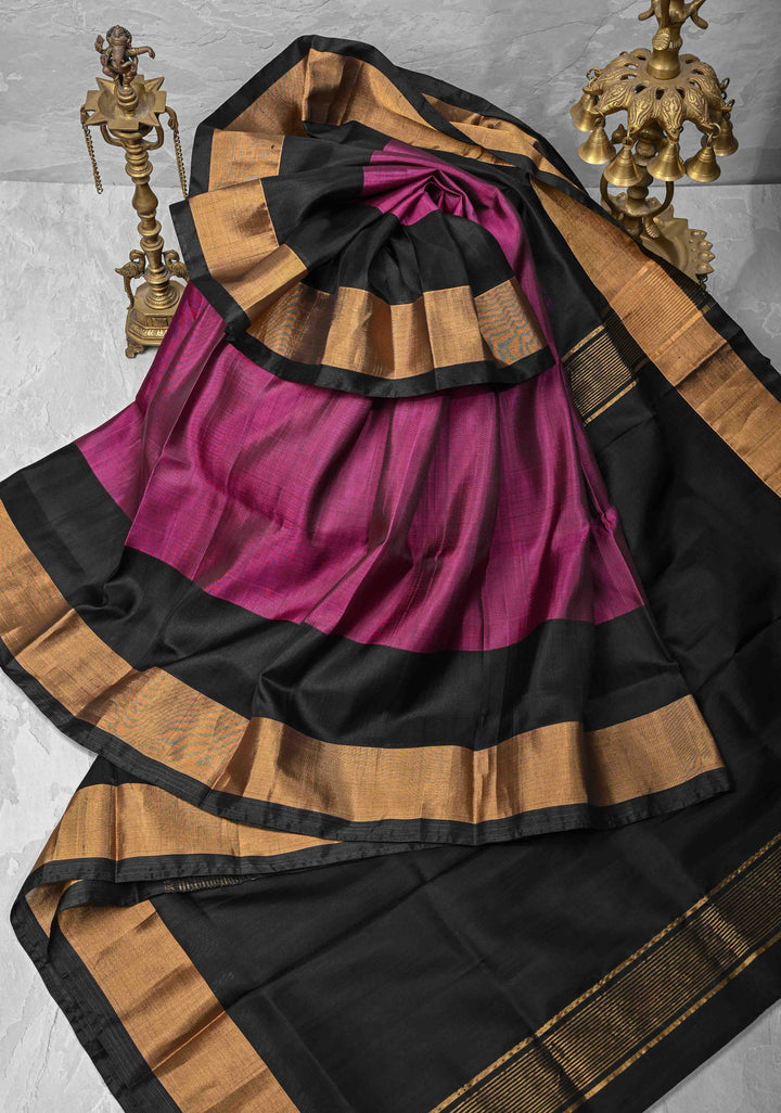 Magenta Uppada Handloom Silk Saree with Black Panel and Zari Border | SILK MARK CERTIFIED