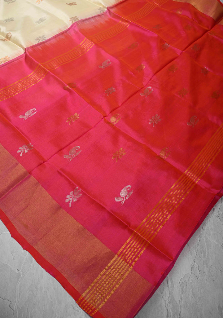 Ivory Sona Rupa Buttas on Uppada Handloom Silk Saree with Contrast Panel and Zari Border | SILK MARK CERTIFIED