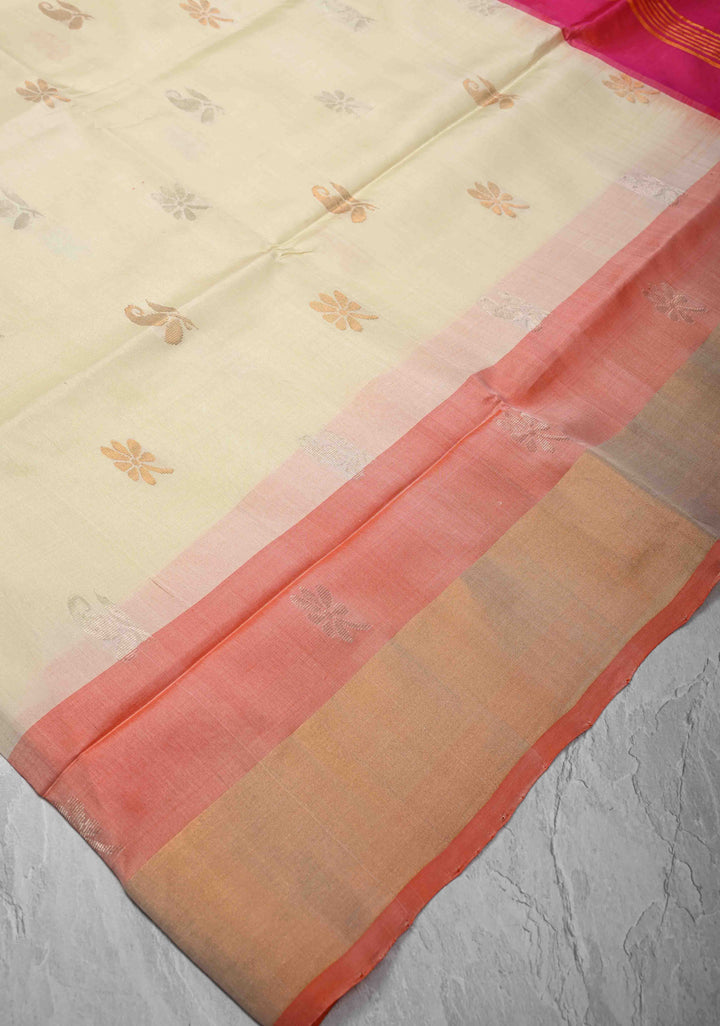 Ivory Sona Rupa Buttas on Uppada Handloom Silk Saree with Contrast Panel and Zari Border | SILK MARK CERTIFIED
