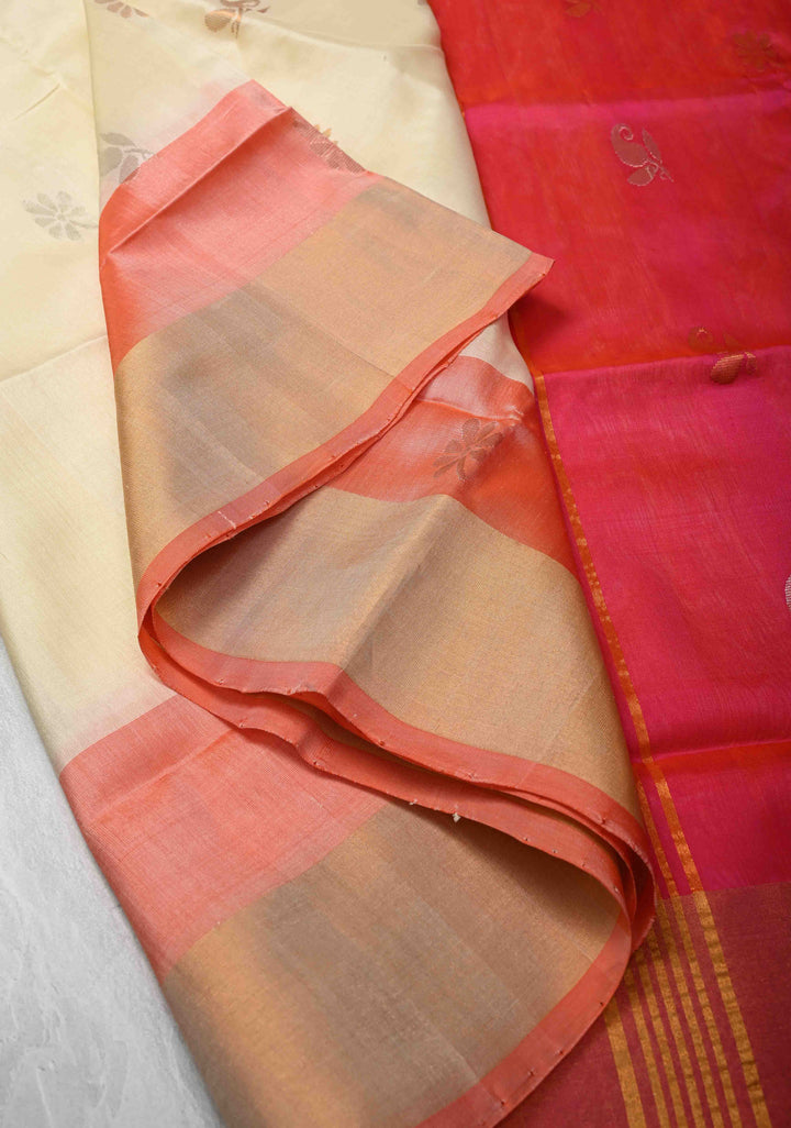 Ivory Sona Rupa Buttas on Uppada Handloom Silk Saree with Contrast Panel and Zari Border | SILK MARK CERTIFIED