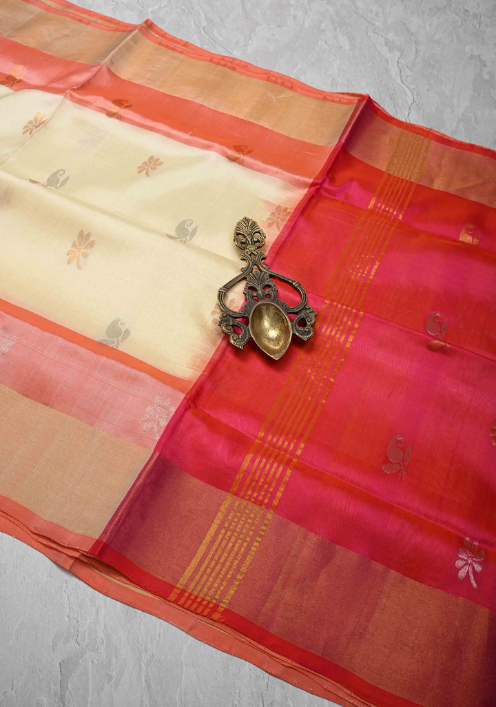 Ivory Sona Rupa Buttas on Uppada Handloom Silk Saree with Contrast Panel and Zari Border | SILK MARK CERTIFIED