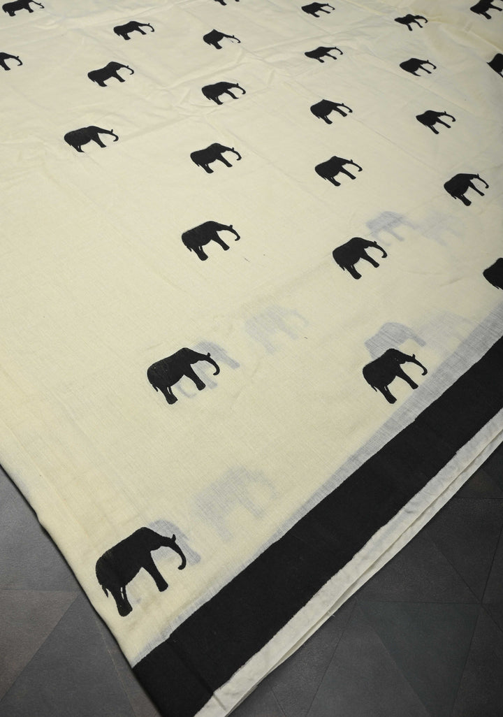 Off White Uppada Handloom Cotton Saree with Elephant Buttas and Contrast Border