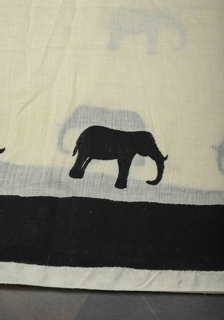 Off White Uppada Handloom Cotton Saree with Elephant Buttas and Contrast Border