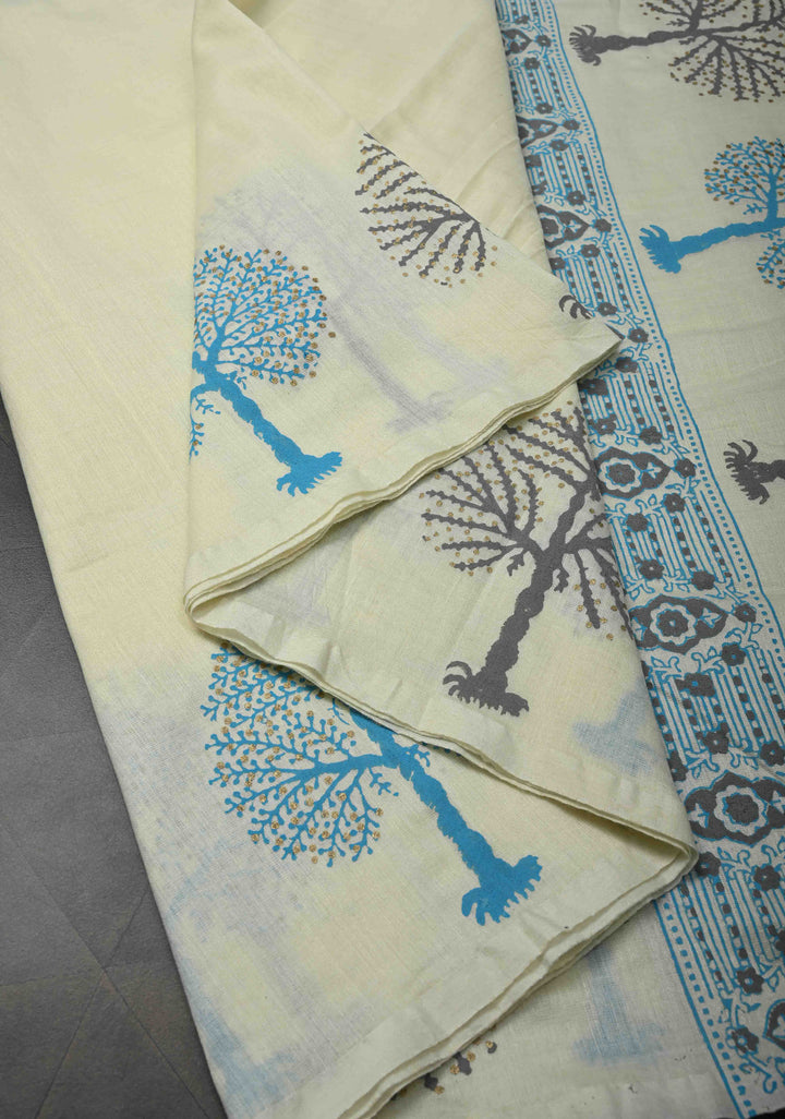 Off White Uppada Handloom Cotton Saree with Tree of life Buttas on Border and Pallu