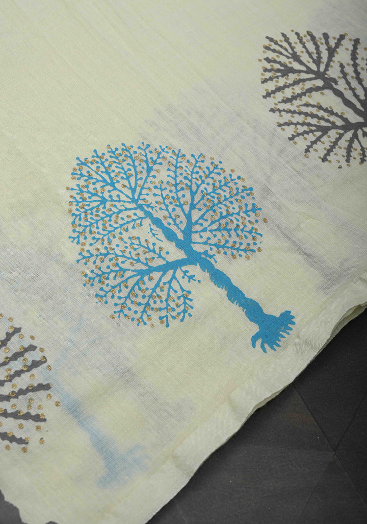 Off White Uppada Handloom Cotton Saree with Tree of life Buttas on Border and Pallu