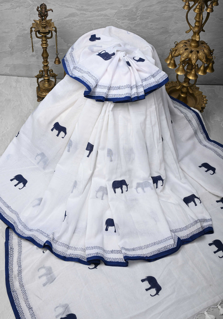 White Uppada Cotton Saree with Elephant Block Buttas and Contrast Border