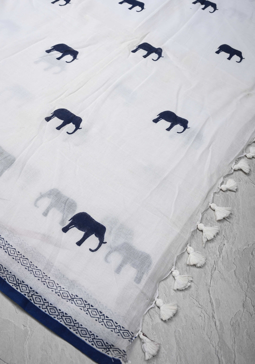 White Uppada Cotton Saree with Elephant Block Buttas and Contrast Border