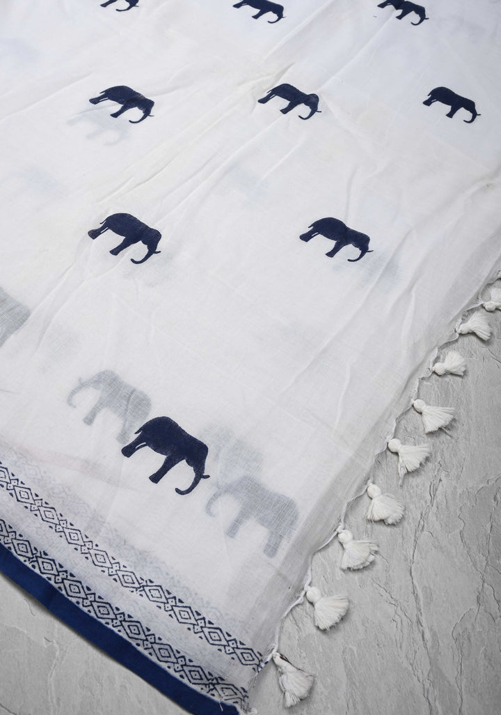White Uppada Cotton Saree with Elephant Block Buttas and Contrast Border