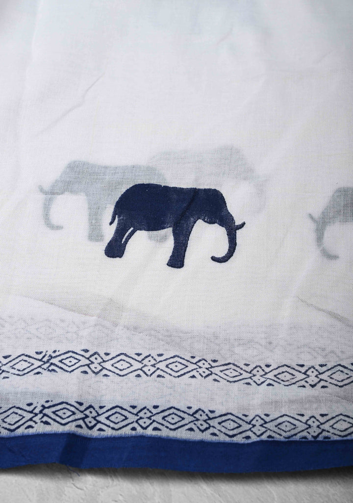 White Uppada Cotton Saree with Elephant Block Buttas and Contrast Border