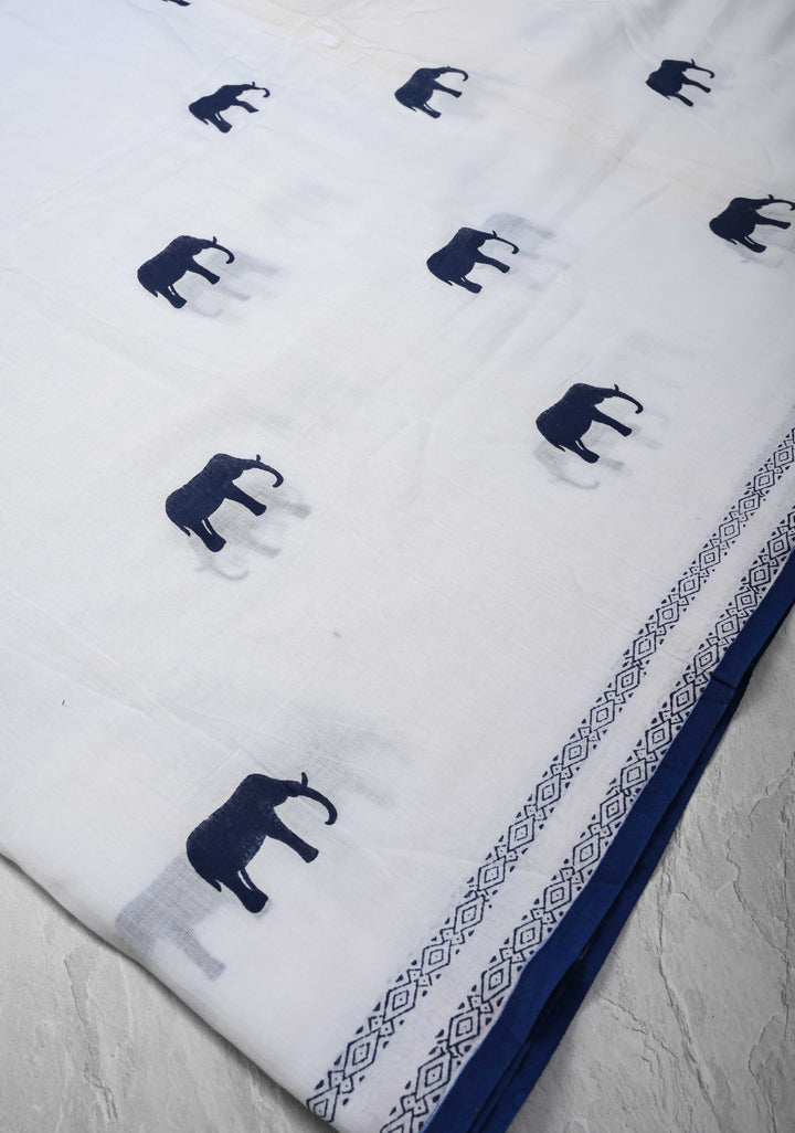 White Uppada Cotton Saree with Elephant Block Buttas and Contrast Border