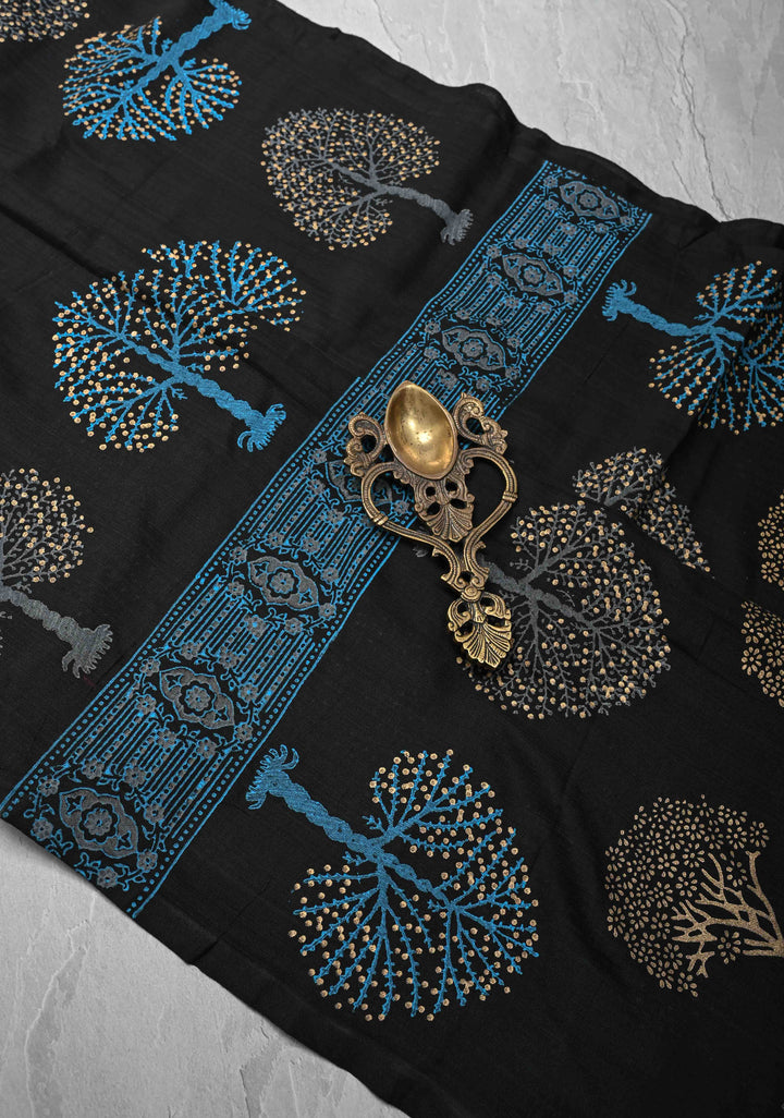 Black Uppada Handloom Cotton Saree with Tree of life Buttas on Border and Pallu