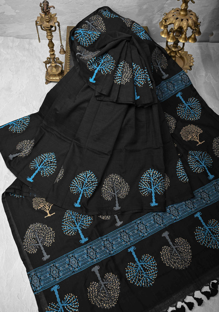 Black Uppada Handloom Cotton Saree with Tree of life Buttas on Border and Pallu