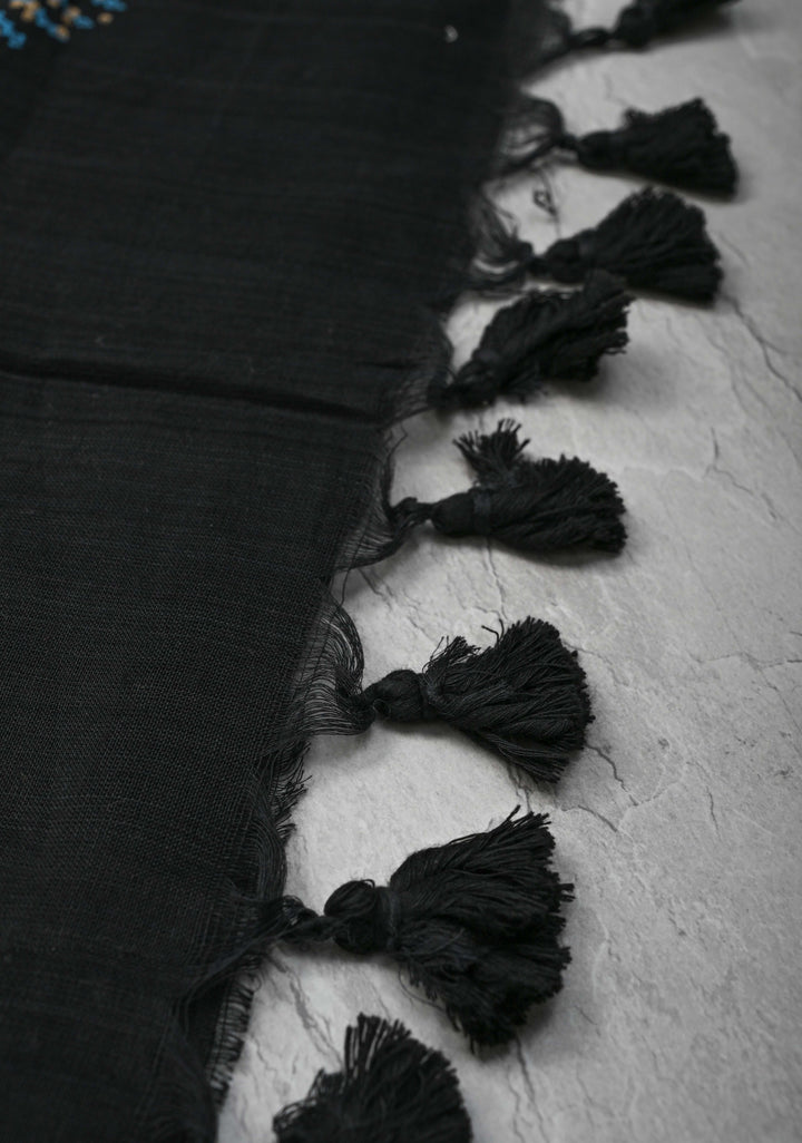 Black Uppada Handloom Cotton Saree with Tree of life Buttas on Border and Pallu