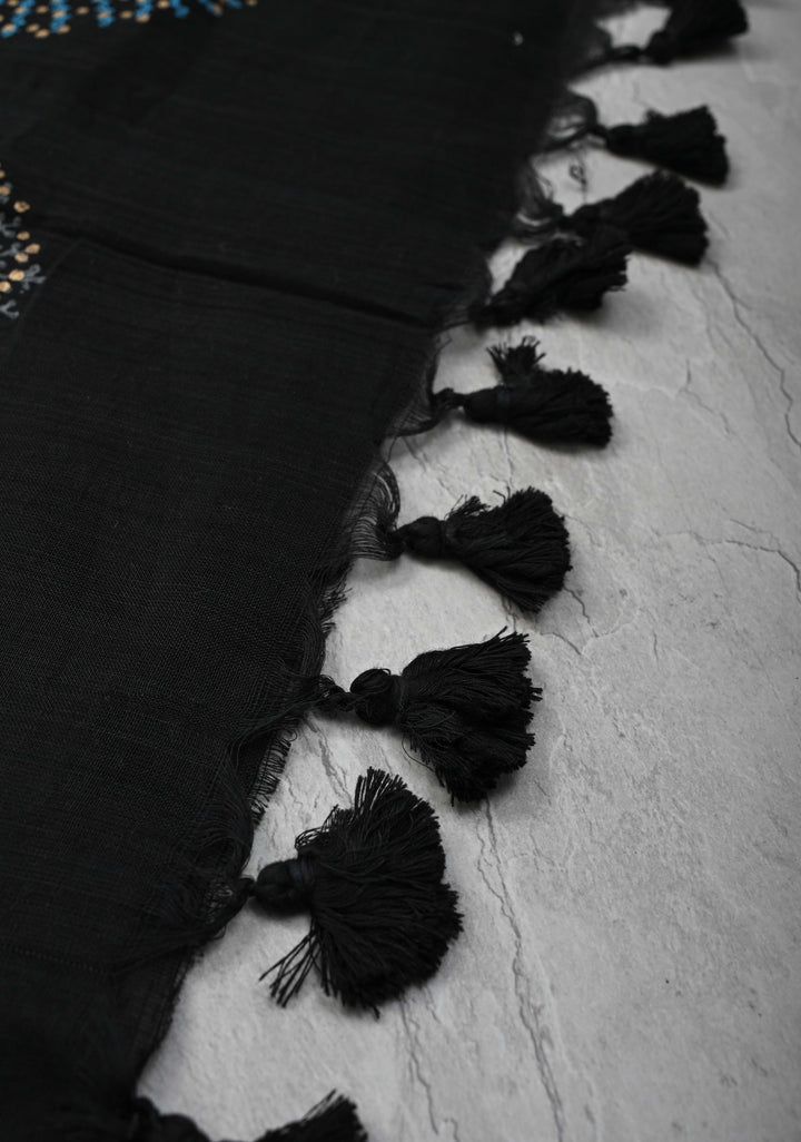 Black Uppada Handloom Cotton Saree with Tree of life Buttas on Border and Pallu