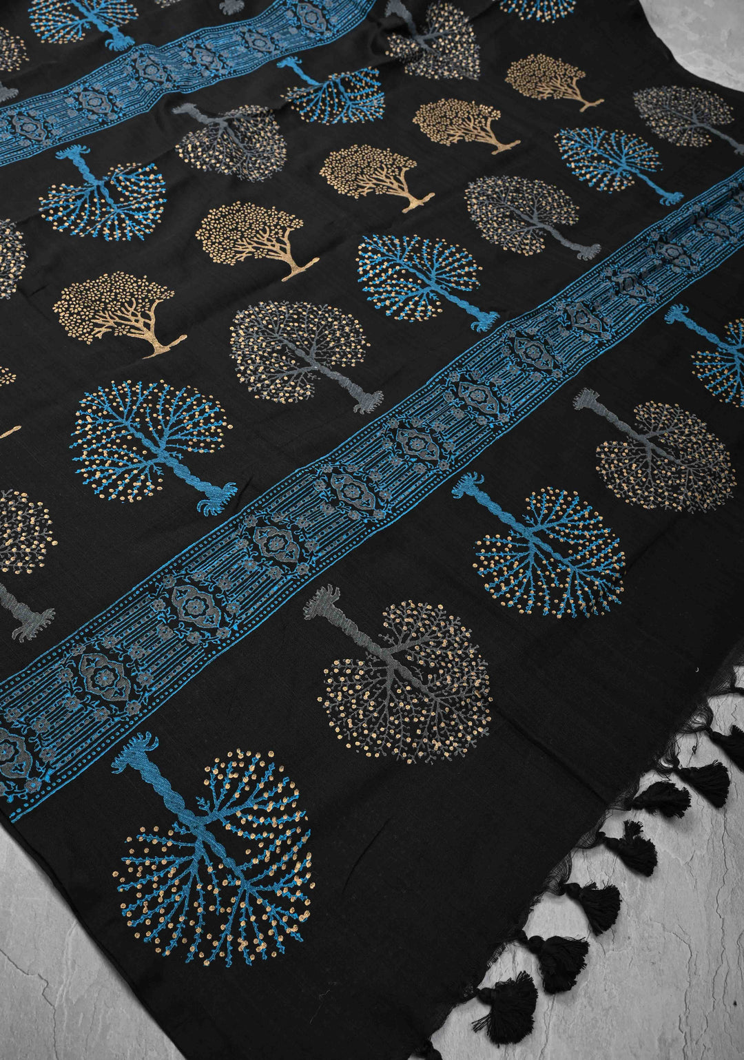 Black Uppada Handloom Cotton Saree with Tree of life Buttas on Border and Pallu