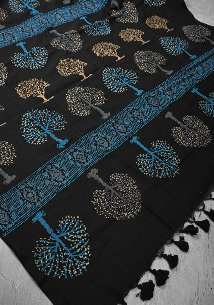 Black Uppada Handloom Cotton Saree with Tree of life Buttas on Border and Pallu