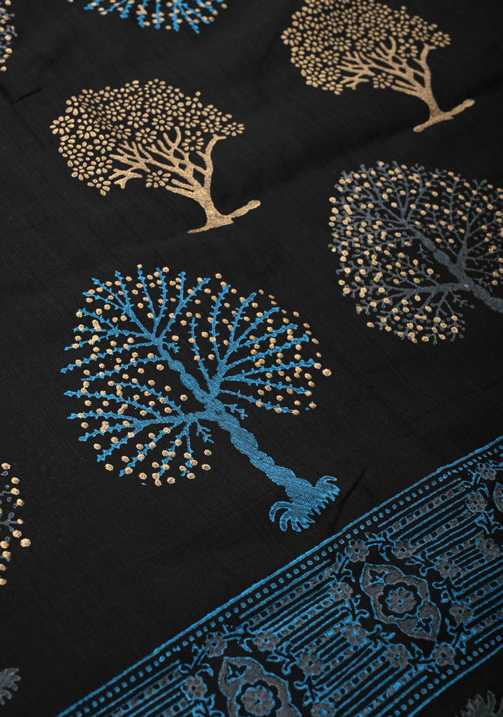 Black Uppada Handloom Cotton Saree with Tree of life Buttas on Border and Pallu
