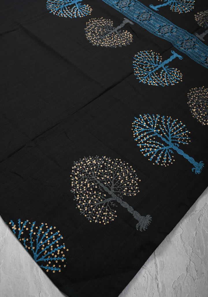 Black Uppada Handloom Cotton Saree with Tree of life Buttas on Border and Pallu