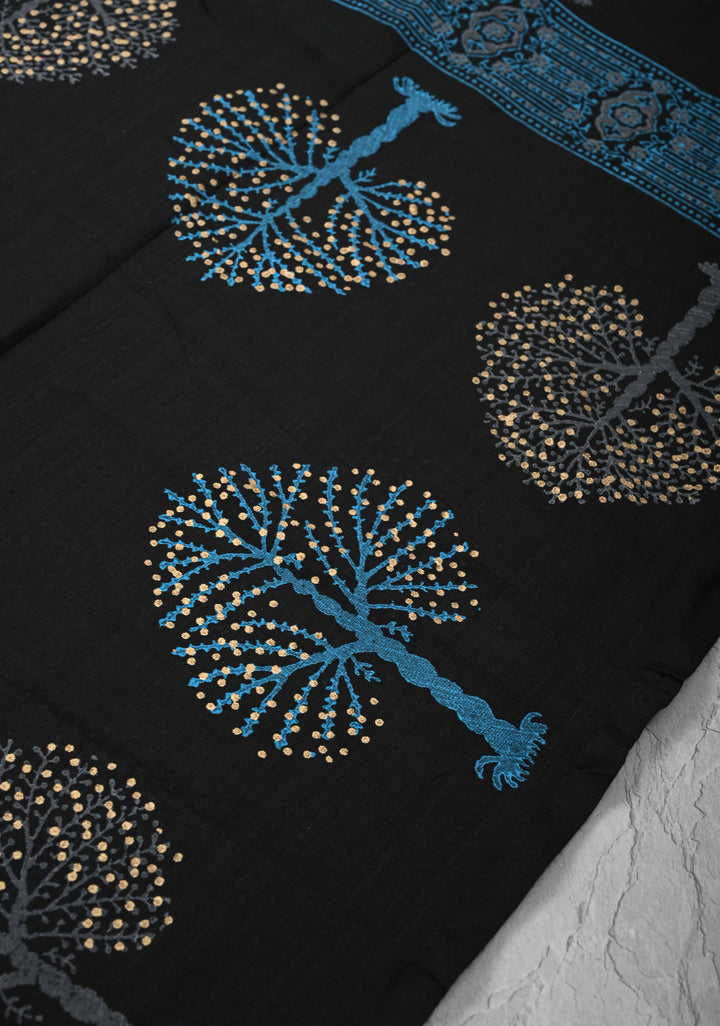 Black Uppada Handloom Cotton Saree with Tree of life Buttas on Border and Pallu