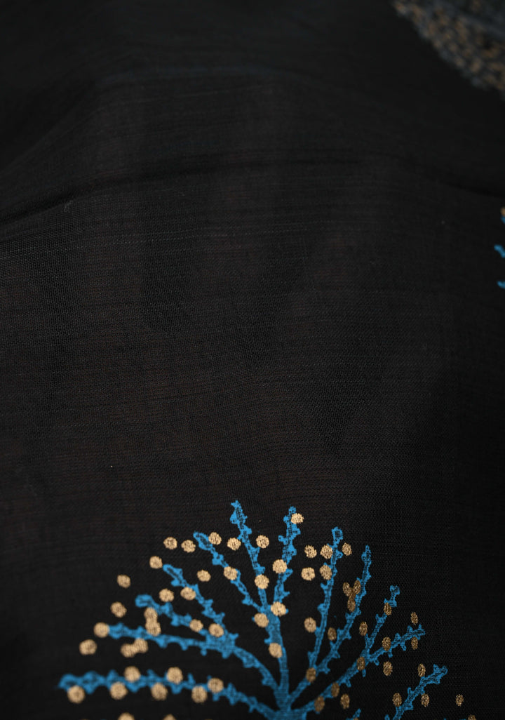 Black Uppada Handloom Cotton Saree with Tree of life Buttas on Border and Pallu
