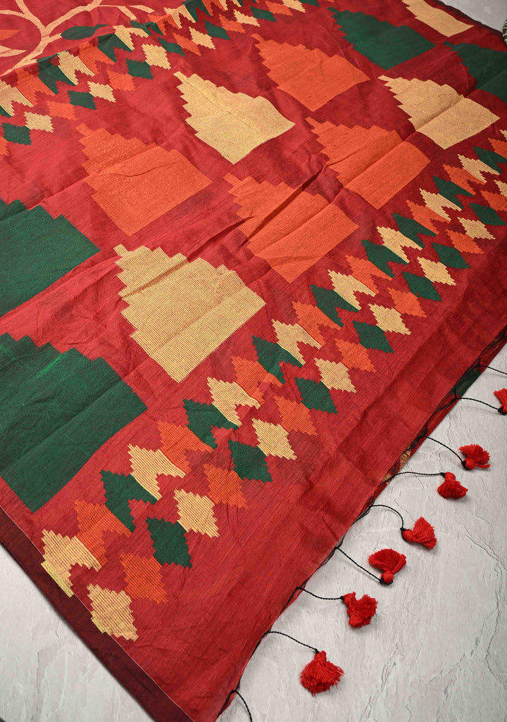 Brick Red Uppada Handloom Silk Saree with Full Body Jamdani Jaal and Border