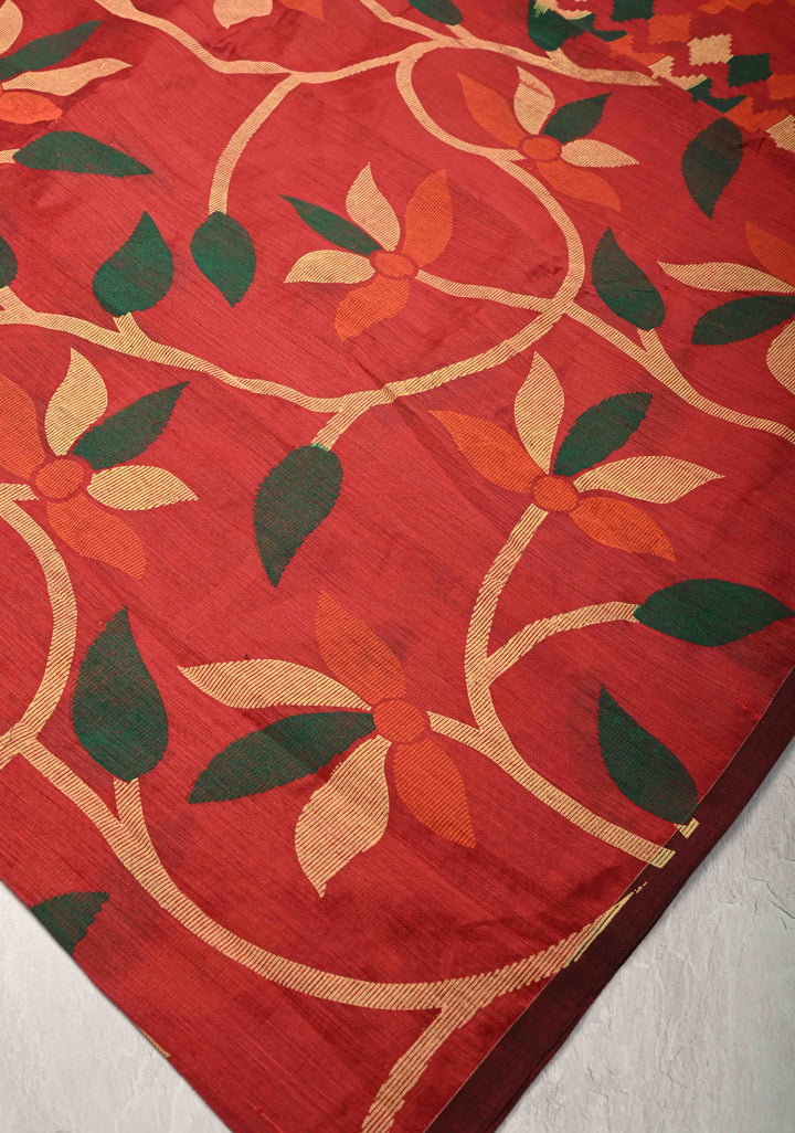 Brick Red Uppada Handloom Silk Saree with Full Body Jamdani Jaal and Border