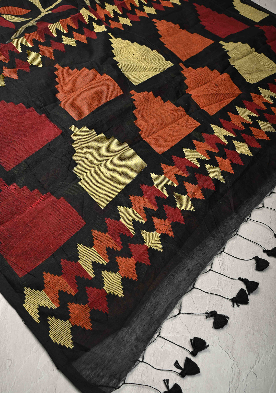 Black Uppada Handloom Cotton Saree with Jamdani Screen Print