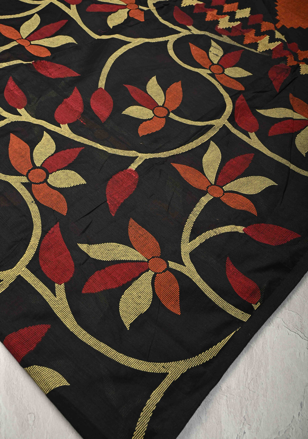 Black Uppada Handloom Cotton Saree with Jamdani Screen Print