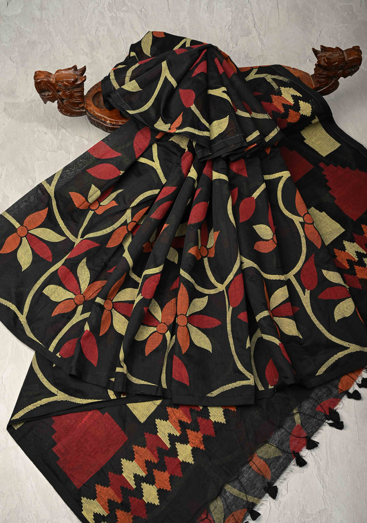 Black Uppada Handloom Cotton Saree with Jamdani Screen Print
