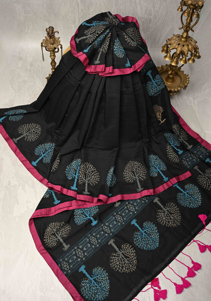 Black Uppada Handloom Cotton Saree with Tree of life Buttas on Minimal Border-Pallu and Long Tassels