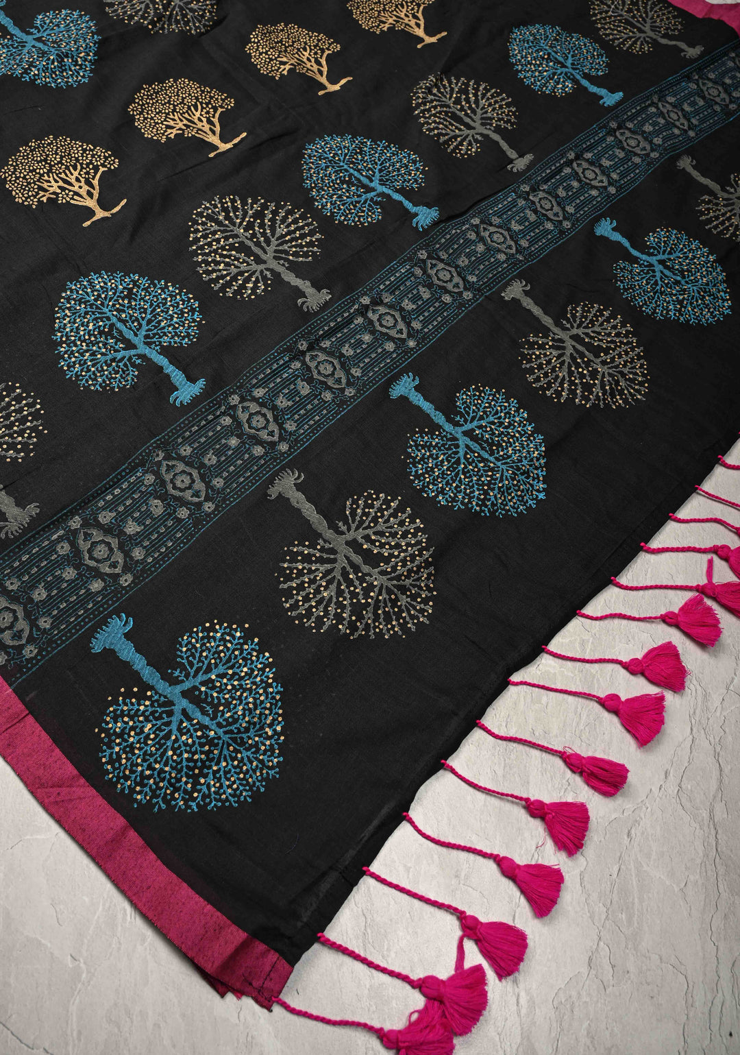 Black Uppada Handloom Cotton Saree with Tree of life Buttas on Minimal Border-Pallu and Long Tassels