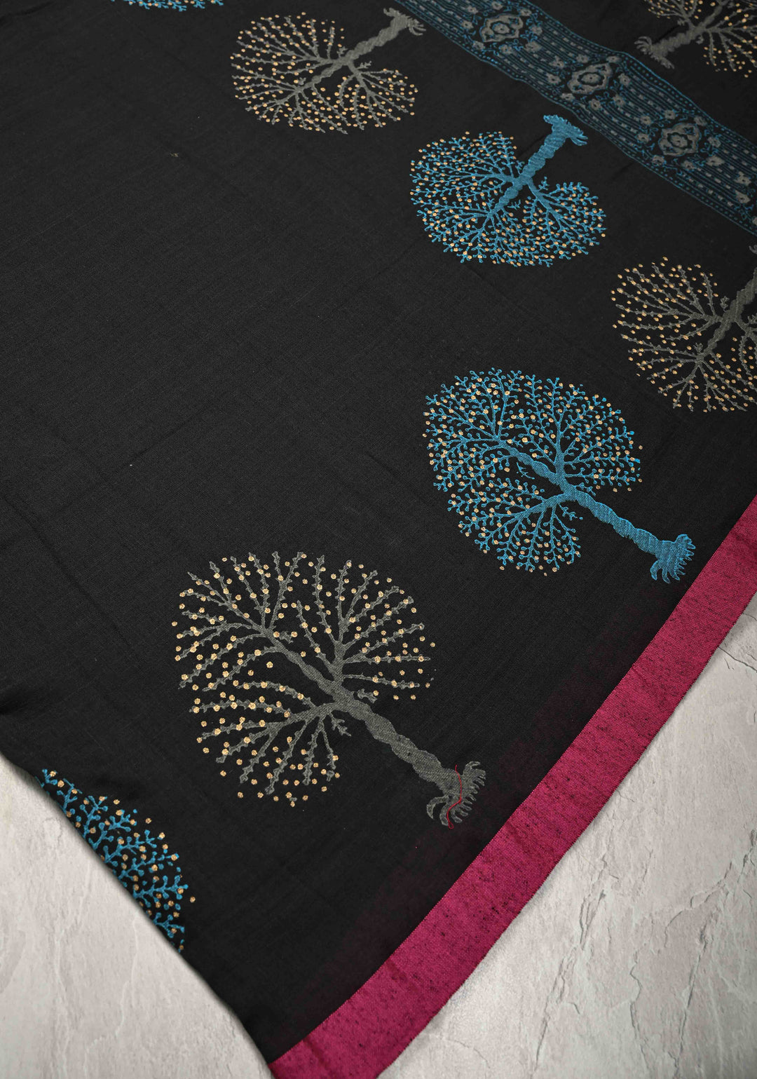 Black Uppada Handloom Cotton Saree with Tree of life Buttas on Minimal Border-Pallu and Long Tassels