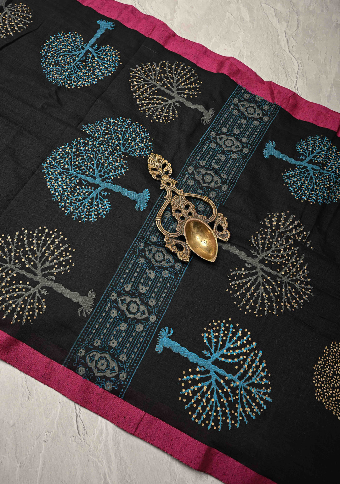 Black Uppada Handloom Cotton Saree with Tree of life Buttas on Minimal Border-Pallu and Long Tassels