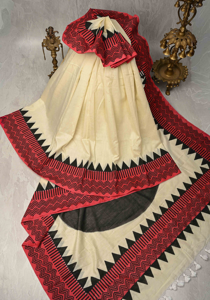 Cream Uppada Handloom Cotton Saree with Contrast Border and Mandala Motifs on Pallu