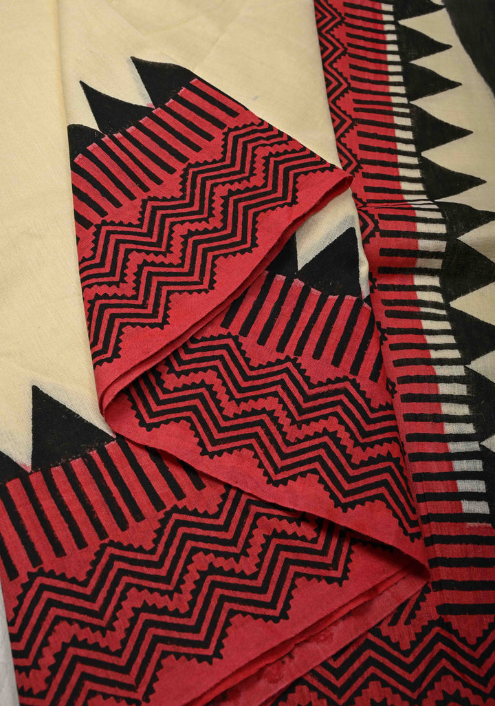 Cream Uppada Handloom Cotton Saree with Contrast Border and Mandala Motifs on Pallu