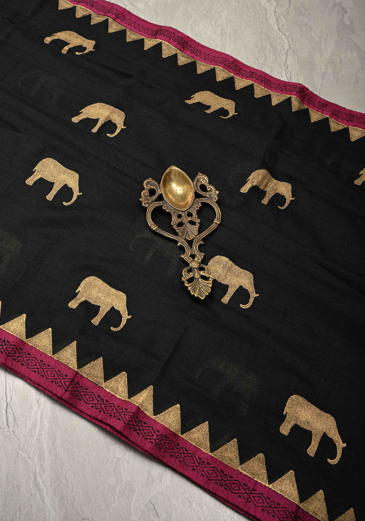 Black Uppada  Cotton Saree with Elephant Block Print Buttas and Contrast Minimal Temple Border, Long Tassels