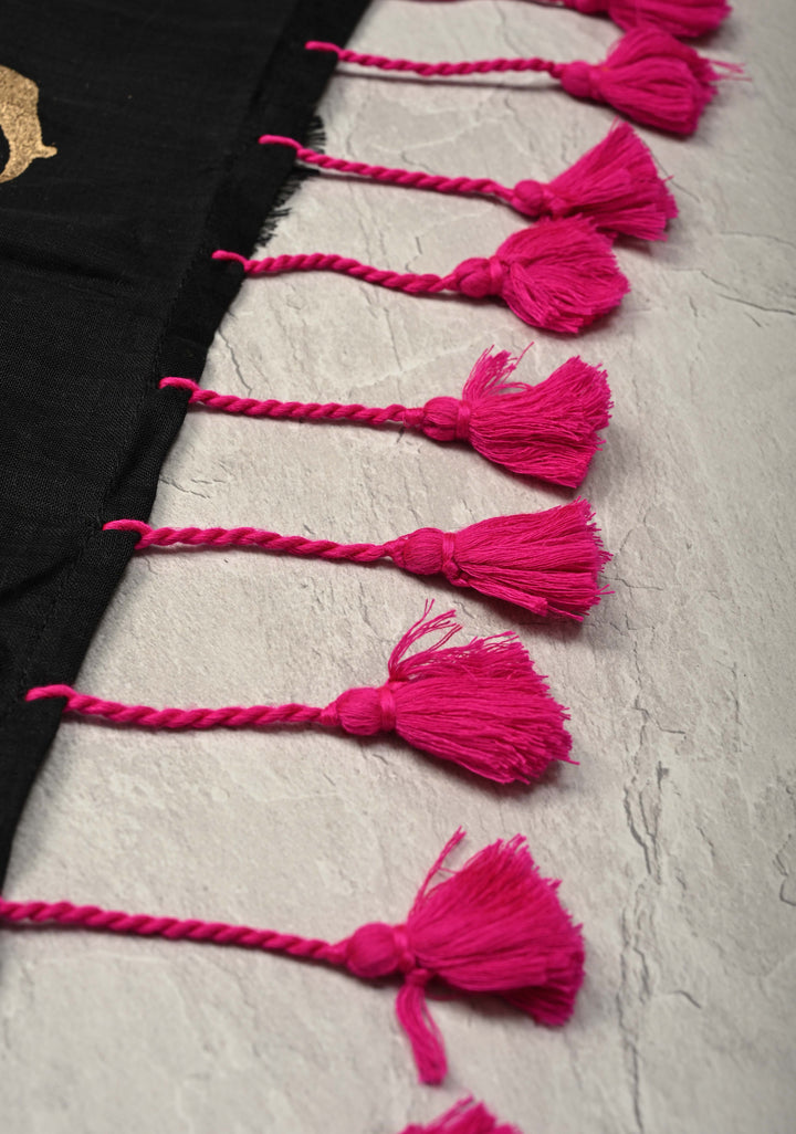 Black Uppada  Cotton Saree with Elephant Block Print Buttas and Contrast Minimal Temple Border, Long Tassels