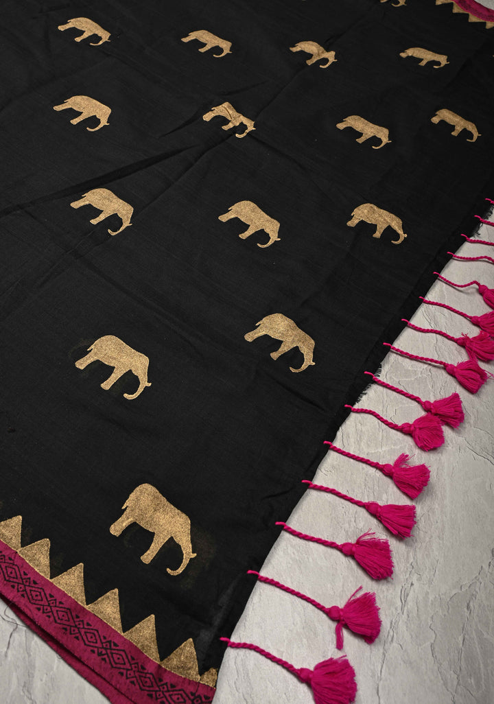 Black Uppada  Cotton Saree with Elephant Block Print Buttas and Contrast Minimal Temple Border, Long Tassels
