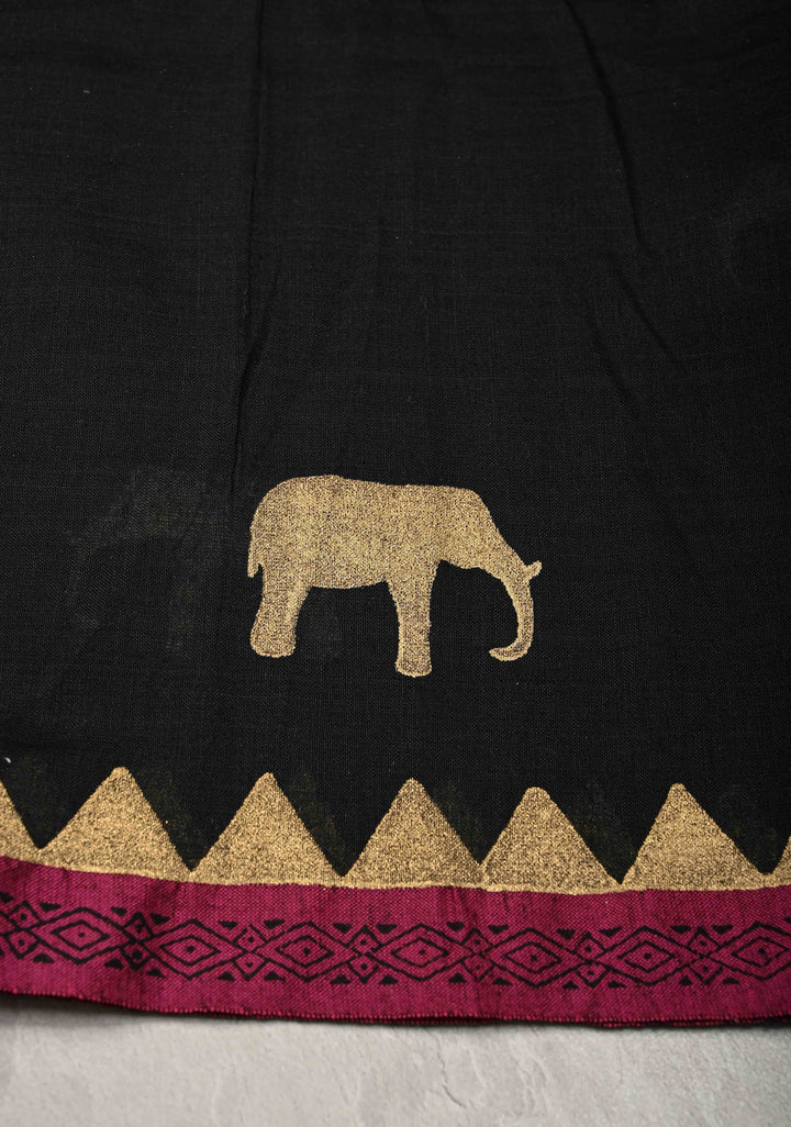 Black Uppada  Cotton Saree with Elephant Block Print Buttas and Contrast Minimal Temple Border, Long Tassels