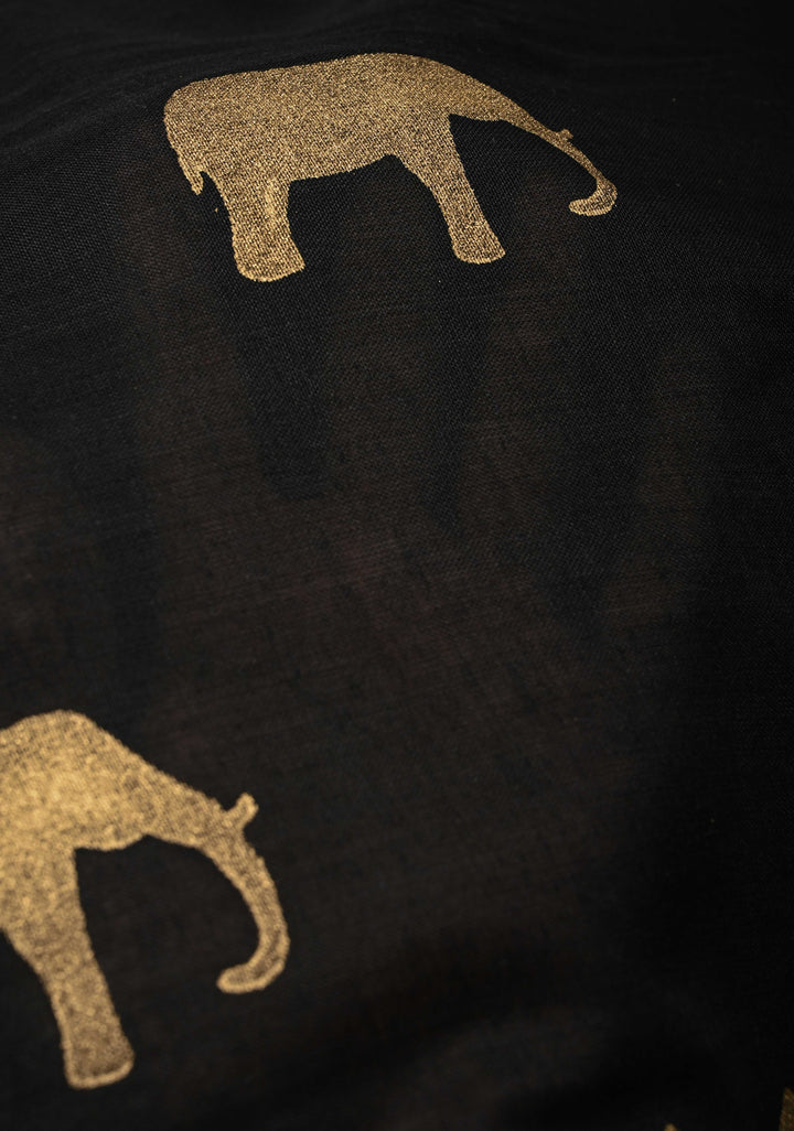 Black Uppada  Cotton Saree with Elephant Block Print Buttas and Contrast Minimal Temple Border, Long Tassels