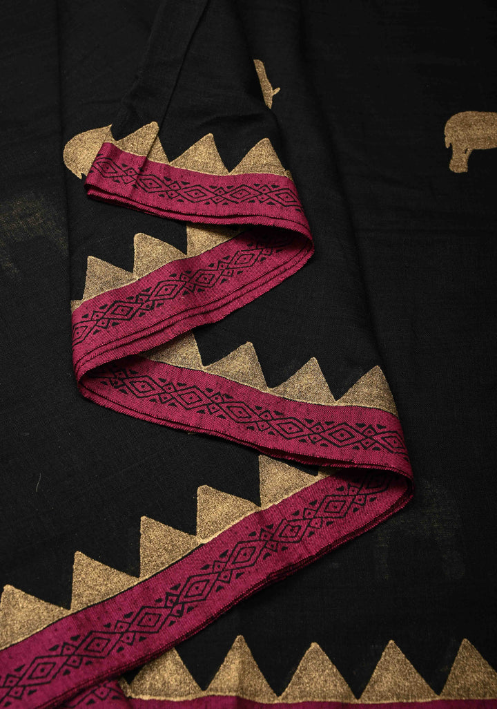 Black Uppada  Cotton Saree with Elephant Block Print Buttas and Contrast Minimal Temple Border, Long Tassels
