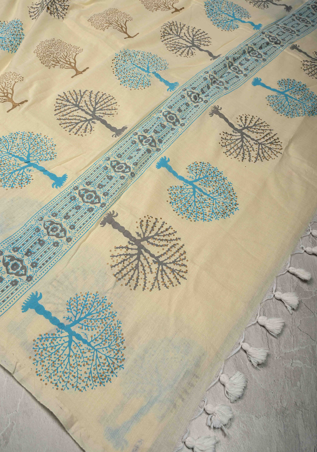 Cream Uppada Handloom Cotton Saree with Tree of life Block Prints on Border and Pallu