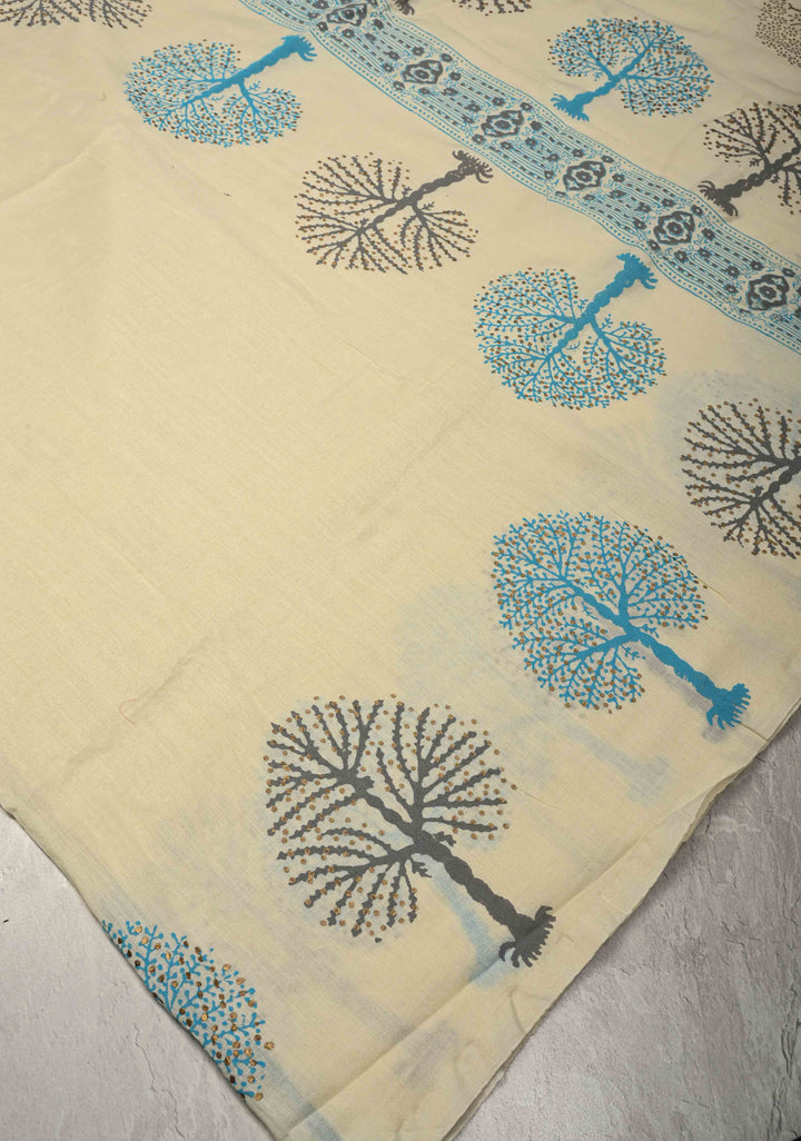Cream Uppada Handloom Cotton Saree with Tree of life Block Prints on Border and Pallu