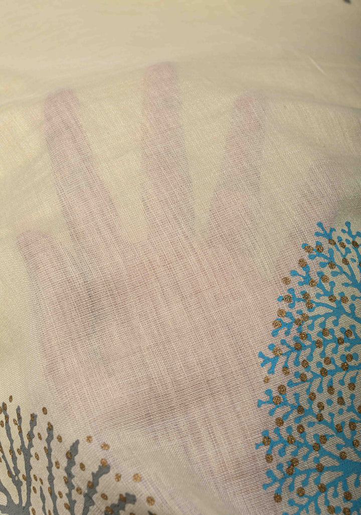 Cream Uppada Handloom Cotton Saree with Tree of life Block Prints on Border and Pallu