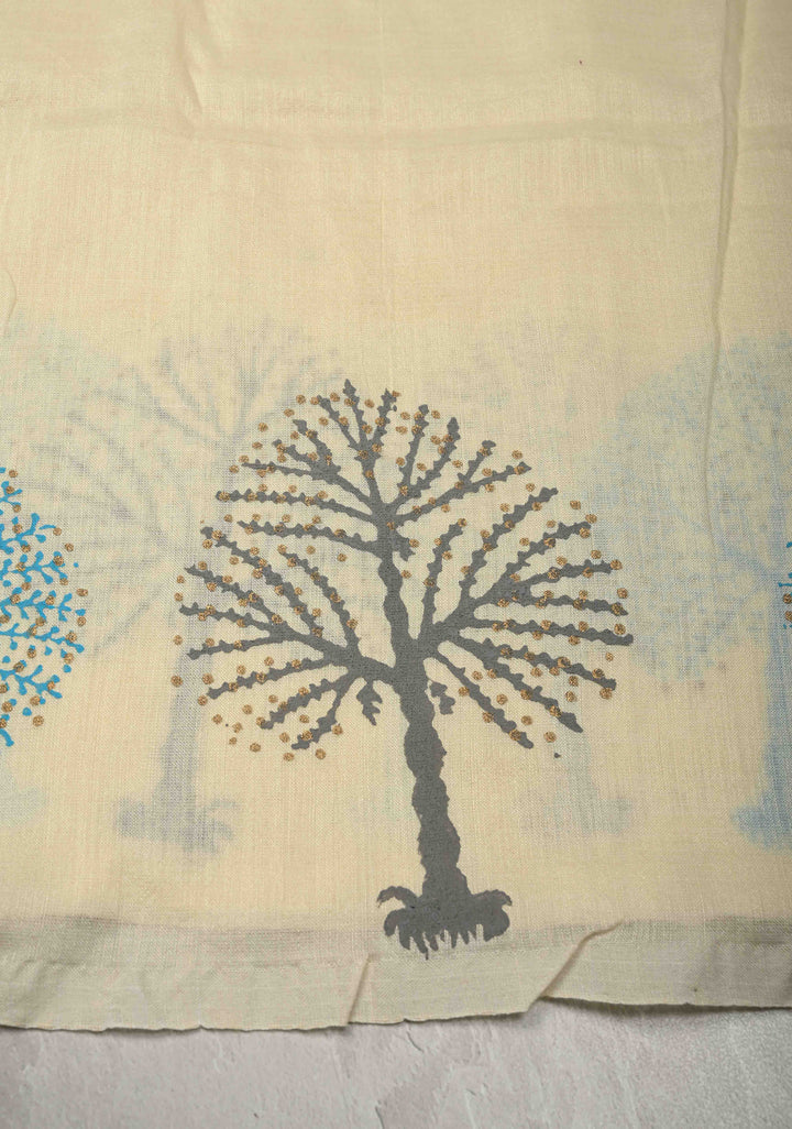 Cream Uppada Handloom Cotton Saree with Tree of life Block Prints on Border and Pallu