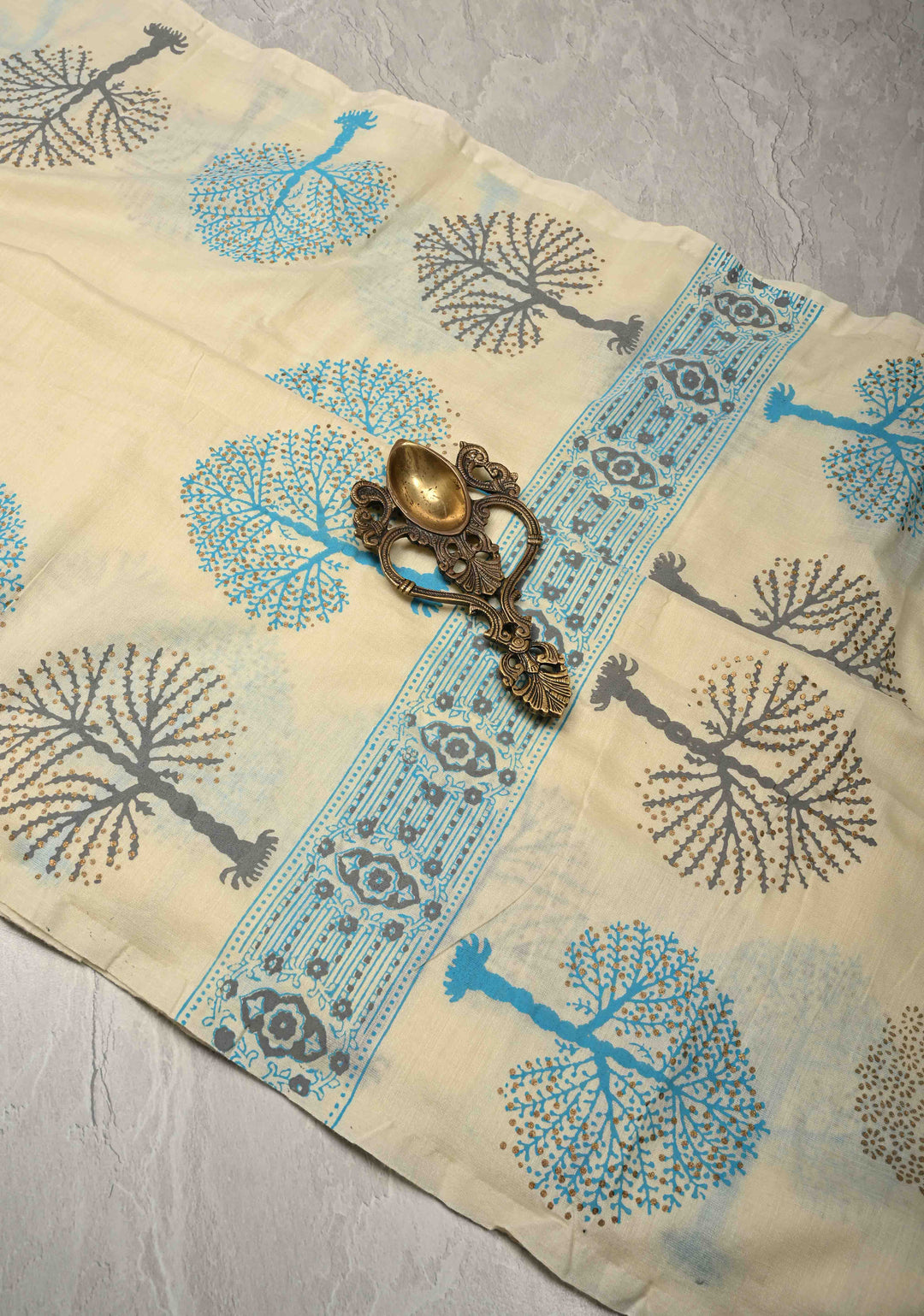 Cream Uppada Handloom Cotton Saree with Tree of life Block Prints on Border and Pallu